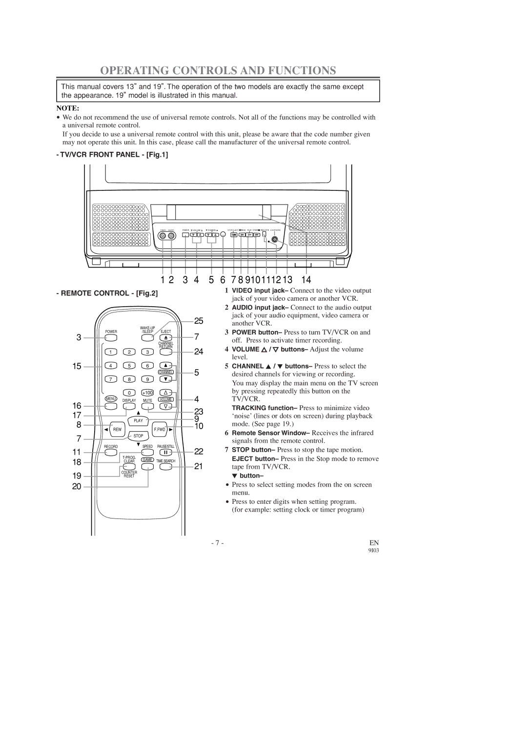 FUNAI F319CC, F313CC owner manual Operating Controls and Functions, 9101112 