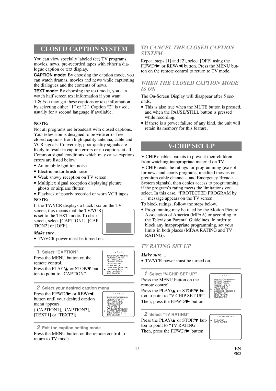 FUNAI F313CB Chip SET UP, To Cancel the Closed Caption System, When the Closed Caption Mode is on, TV Rating SET UP 