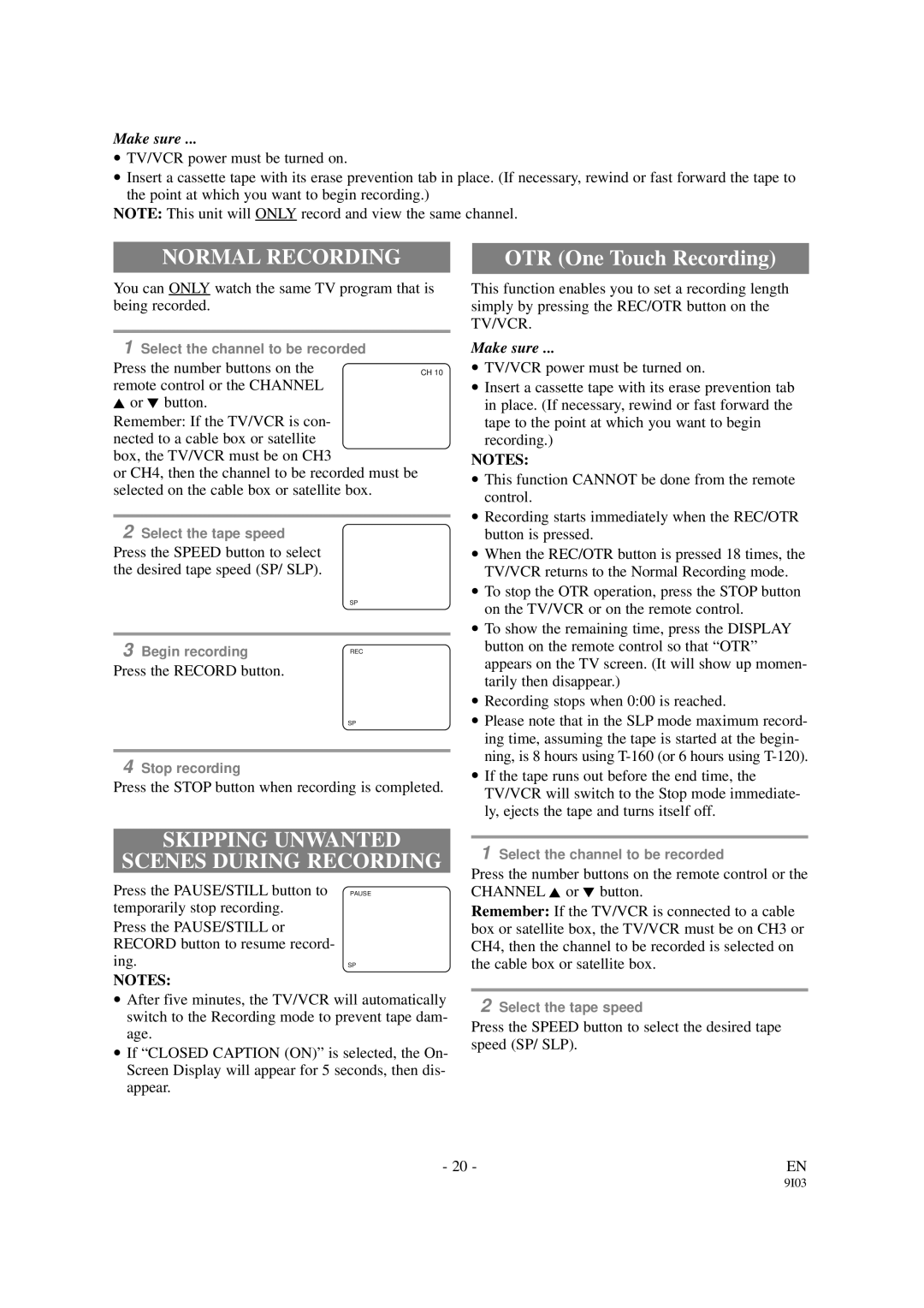 FUNAI F319CB, F313CB owner manual Normal Recording, Skipping Unwanted Scenes During Recording 