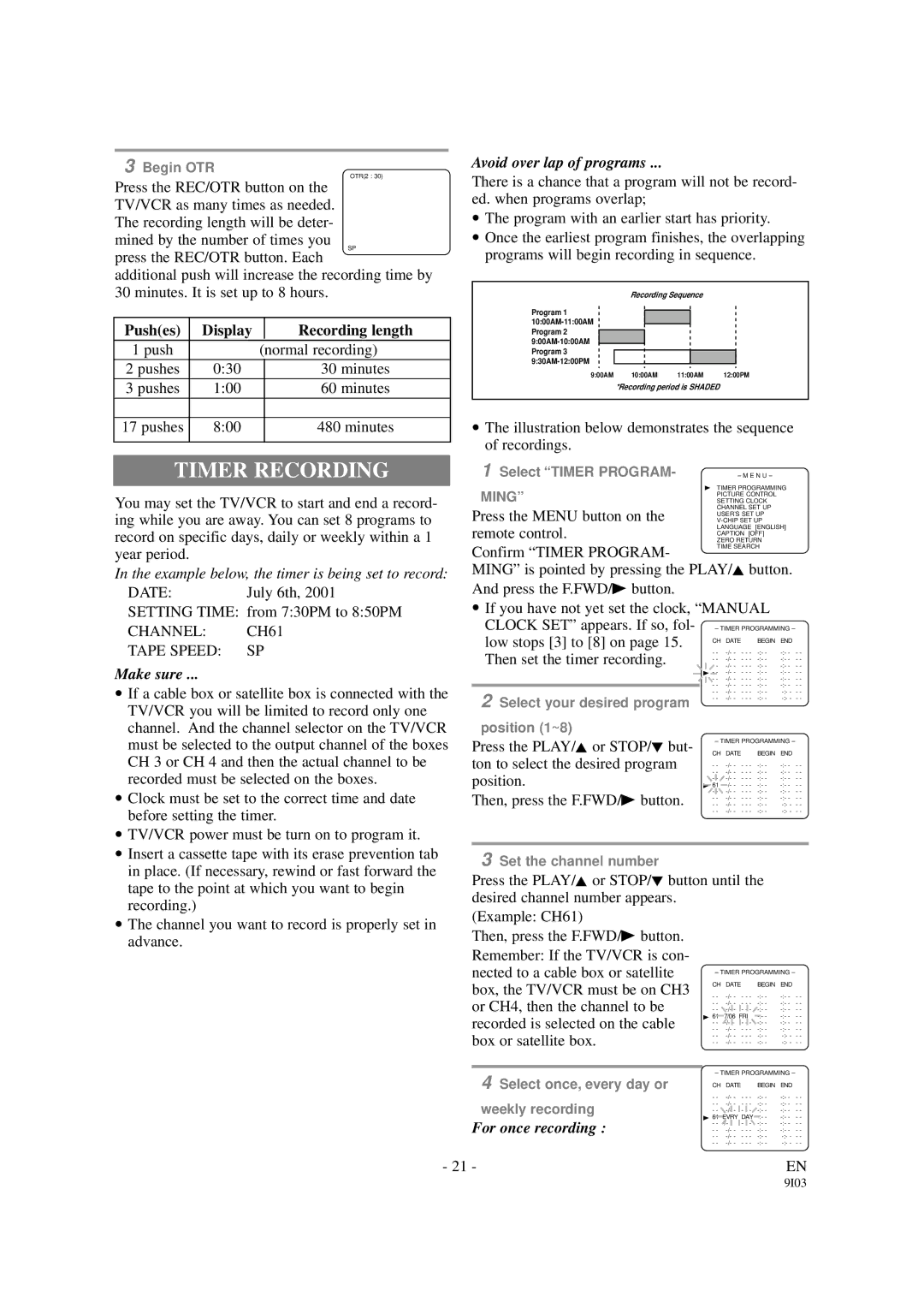 FUNAI F313CB, F319CB owner manual Timer Recording, Pushes Display Recording length, Channel CH61 Tape Speed SP 