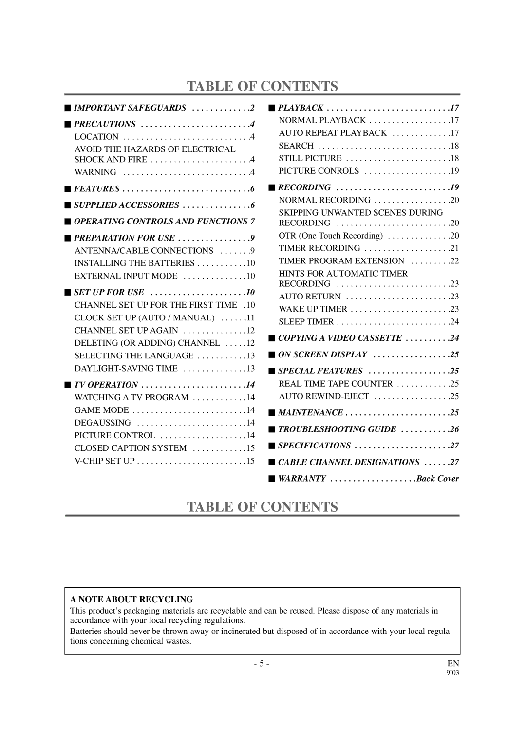 FUNAI F313CB, F319CB owner manual Table of Contents 