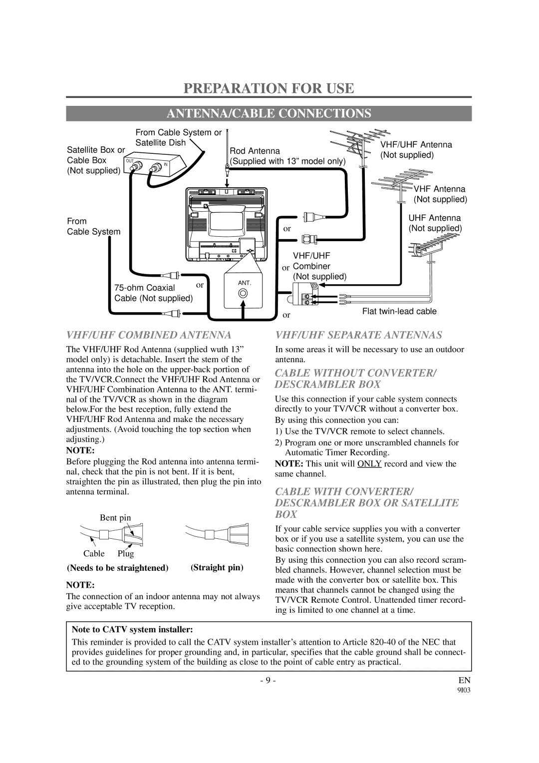 FUNAI F313CB, F319CB owner manual Preparation for USE, ANTENNA/CABLE Connections 