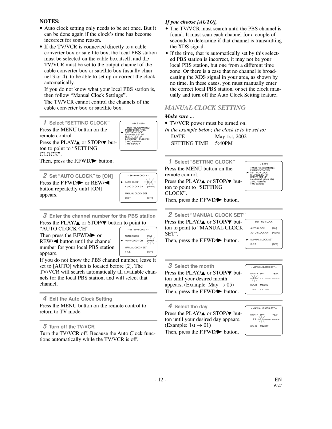 FUNAI F3809C owner manual Manual Clock Setting, If you choose Auto 