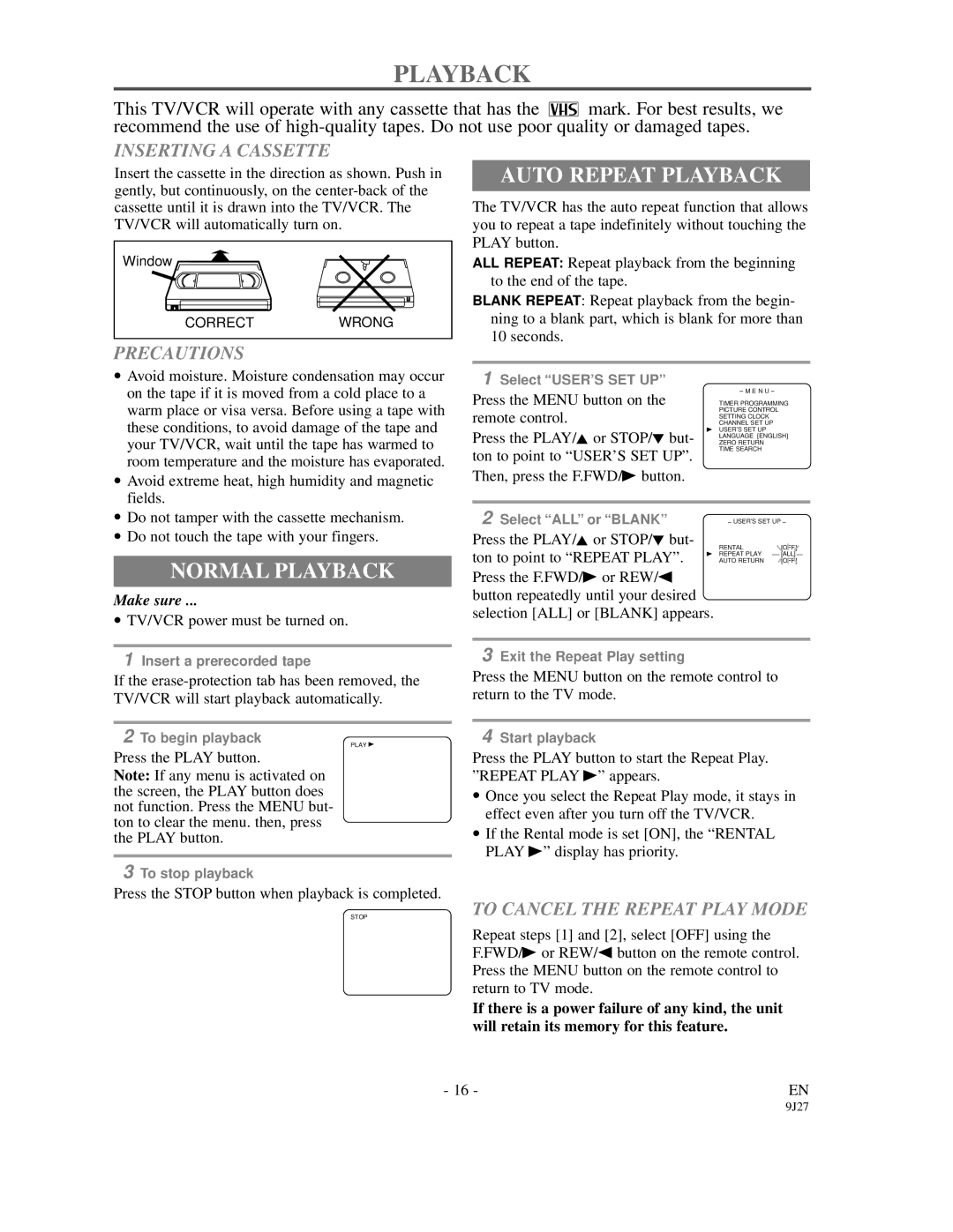 FUNAI F3809C owner manual Auto Repeat Playback, Normal Playback 