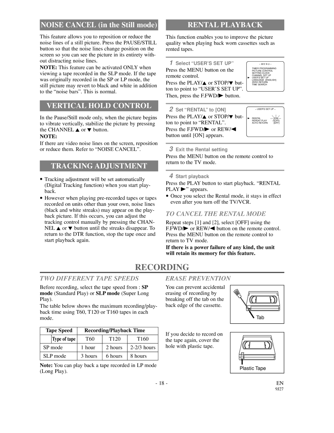 FUNAI F3809C owner manual Recording, Rental Playback, Vertical Hold Control, Tracking Adjustment 