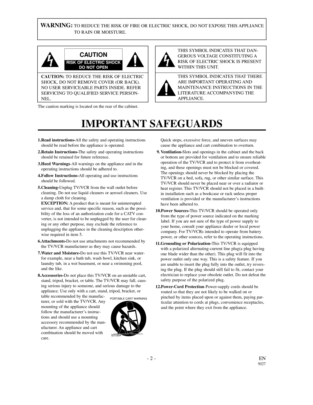 FUNAI F3809C owner manual Important Safeguards 