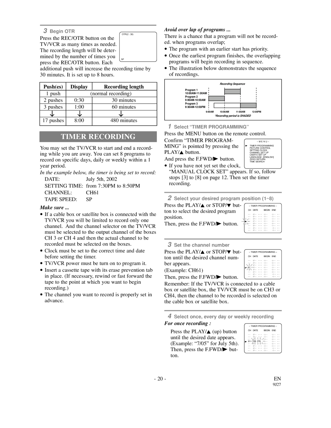 FUNAI F3809C owner manual Timer Recording, Avoid over lap of programs 