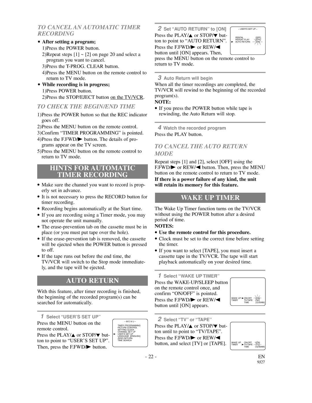 FUNAI F3809C owner manual Hints for Automatic Timer Recording, Wake UP Timer, Auto Return 