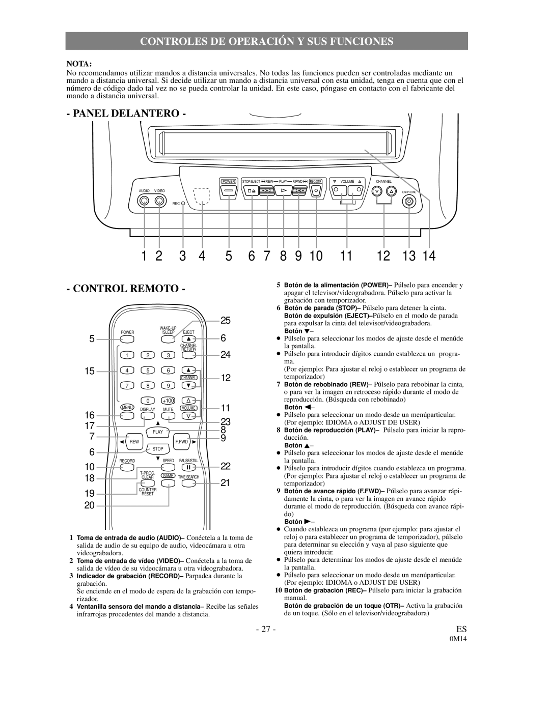 FUNAI F3809C owner manual Controles DE Operación Y SUS Funciones 