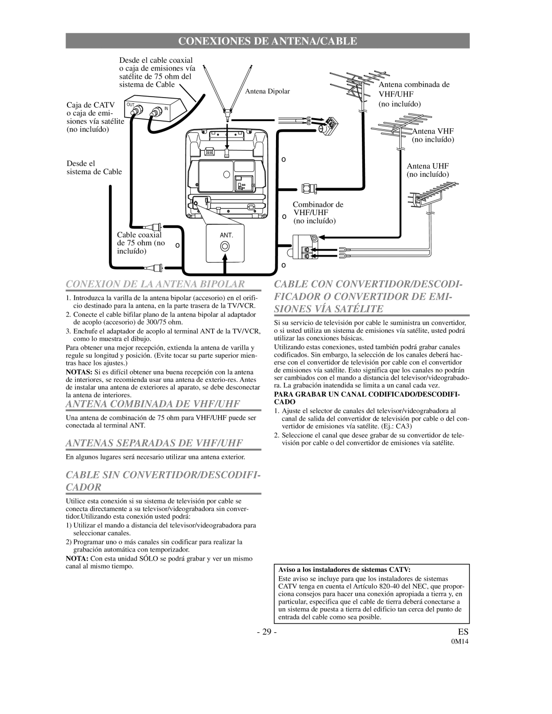 FUNAI F3809C owner manual Conexiones DE ANTENA/CABLE 