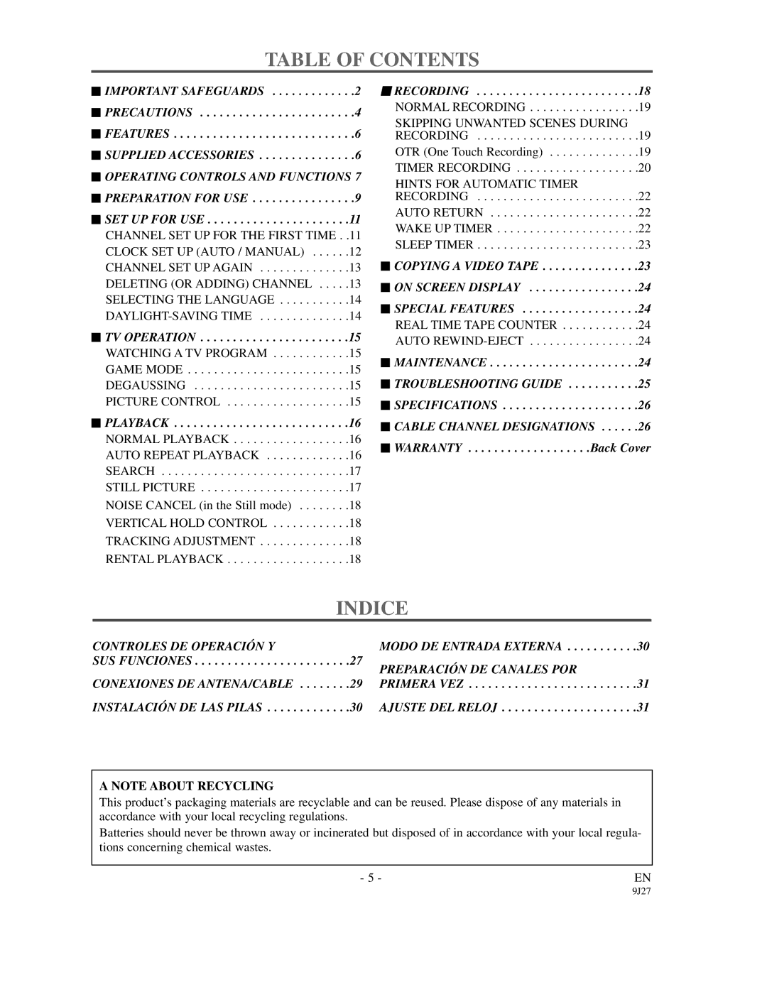 FUNAI F3809C owner manual Table of Contents, Indice 