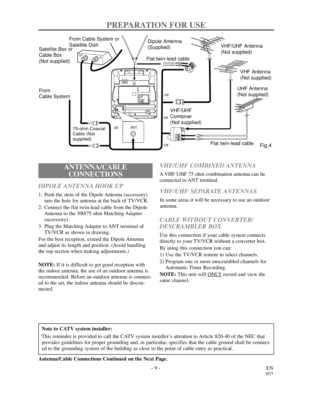 FUNAI F3809C owner manual Preparation for USE, VHF/UHF Combined Antenna, Dipole Antenna Hook UP, VHF/UHF Separate Antennas 