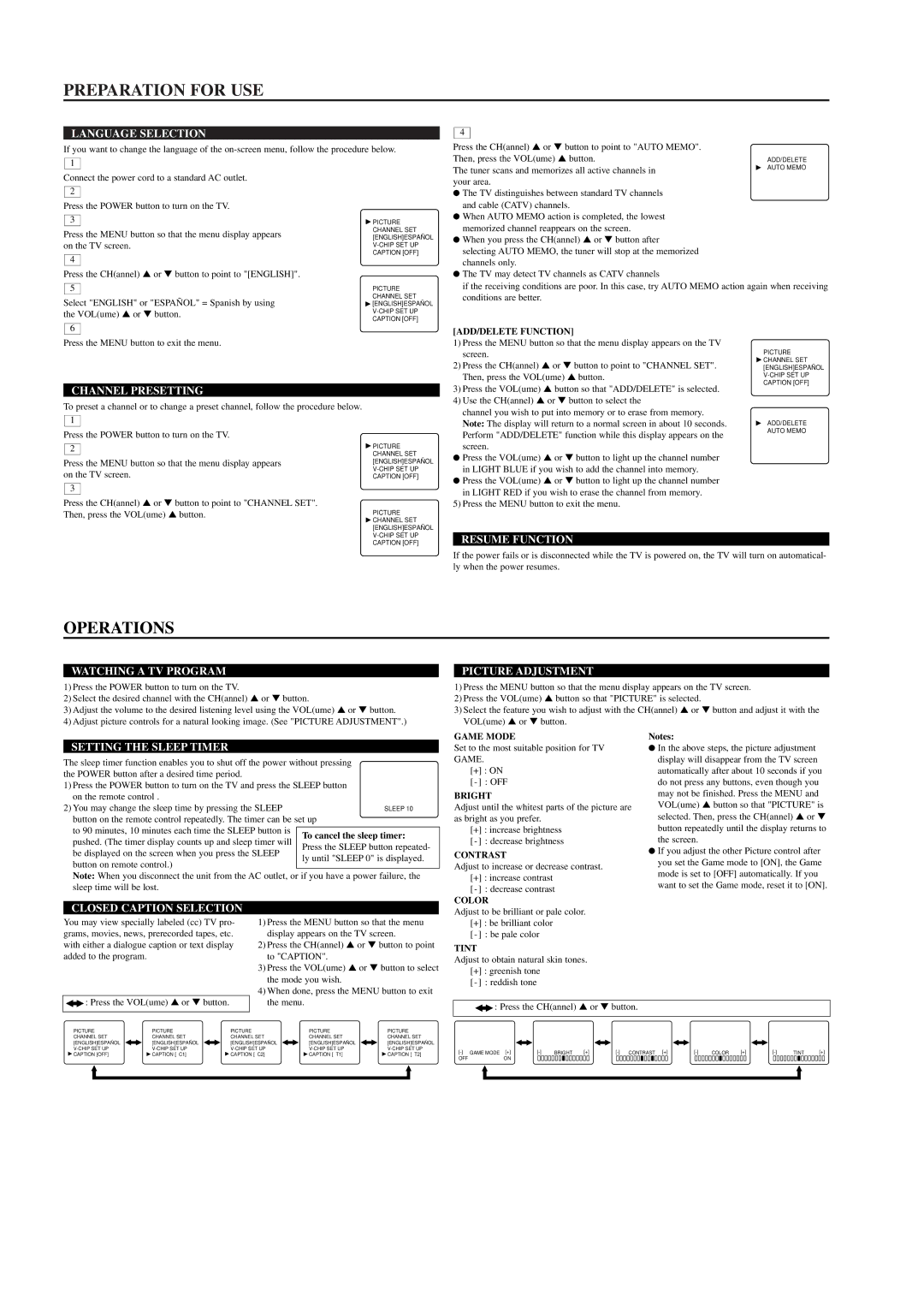 FUNAI F413TB, F419TB owner manual Preparation for USE, Operations 