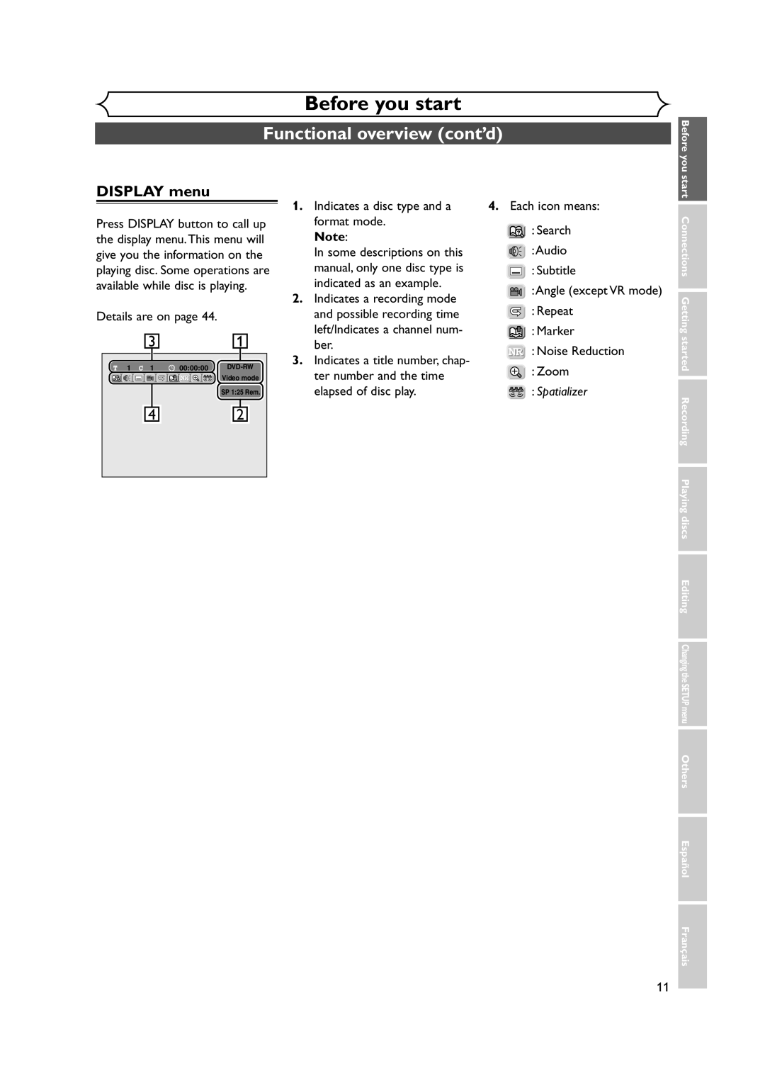 FUNAI FDR-90E owner manual Display menu, Details are on, Indicates a disc type and a format mode 