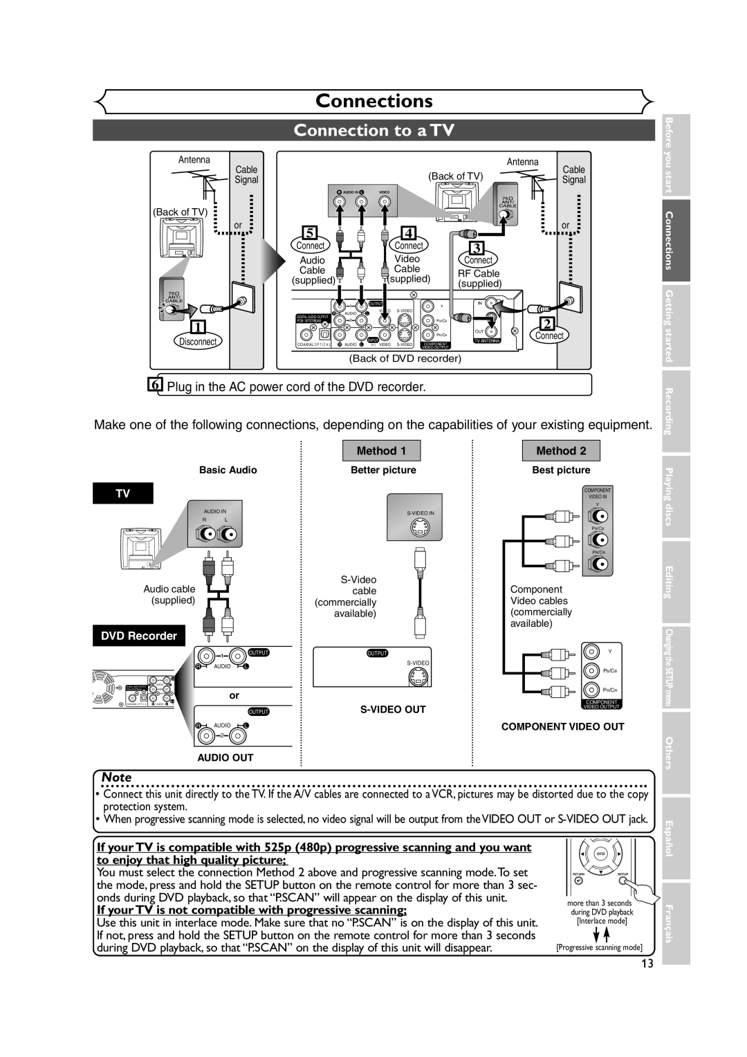 FUNAI FDR-90E owner manual Connections, Connection to a TV, If your TV is not compatible with progressive scanning 