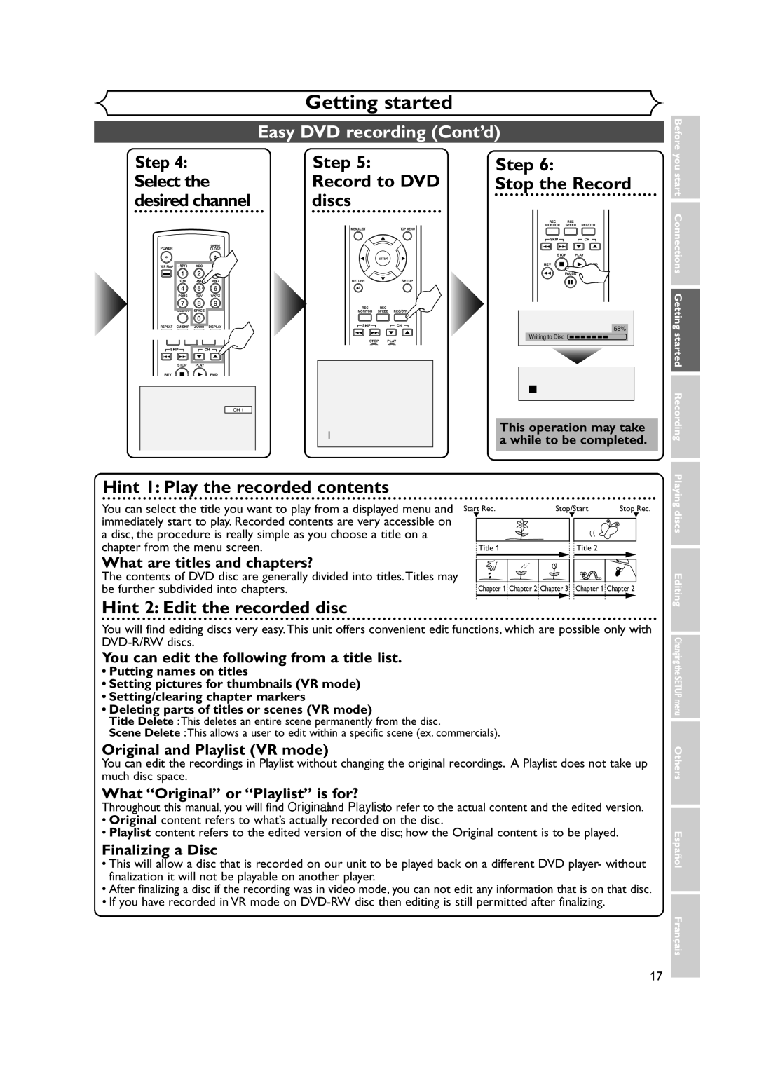 FUNAI FDR-90E owner manual Easy DVD recording Cont’d, Discs 