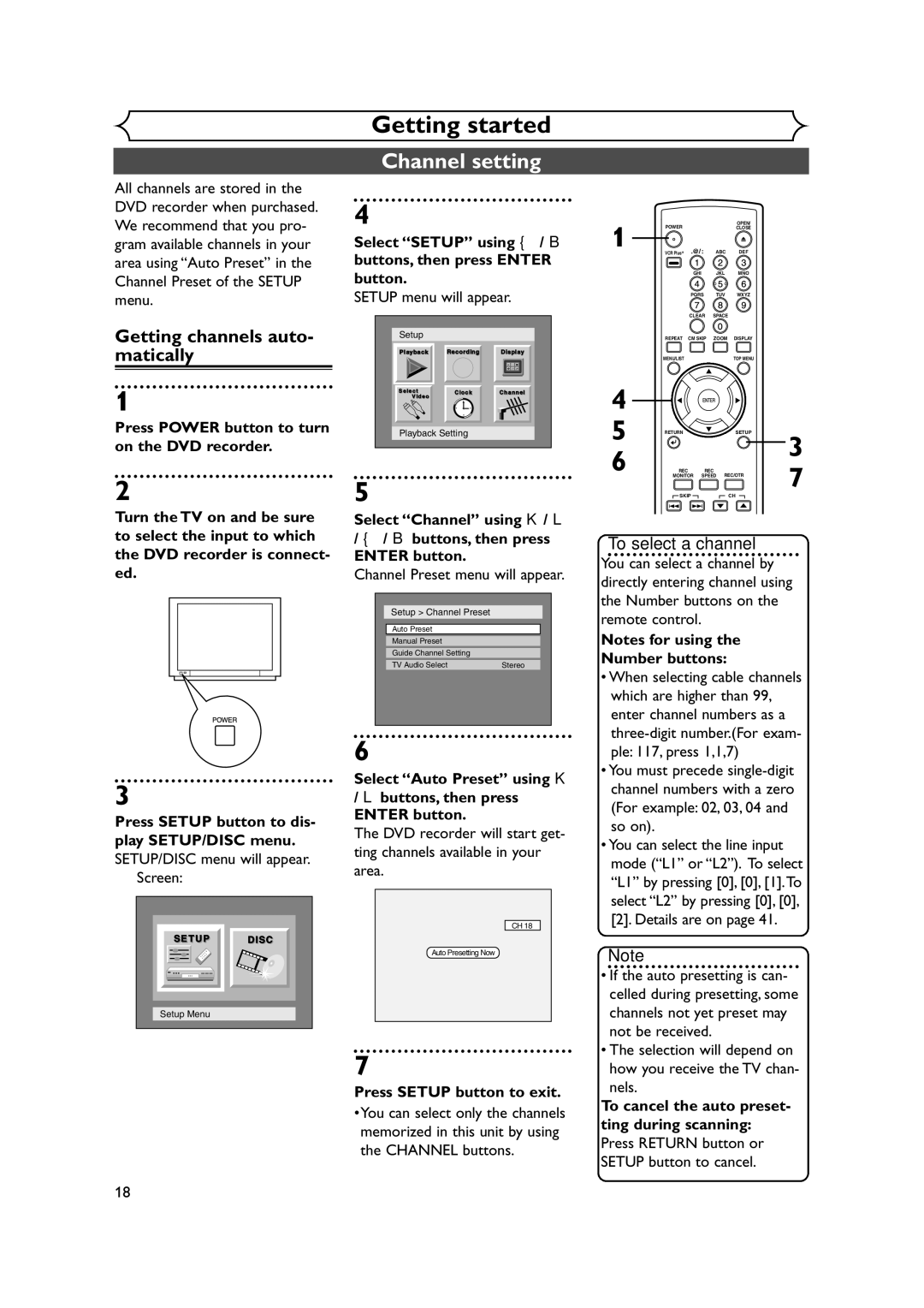 FUNAI FDR-90E owner manual Channel setting, Getting channels auto- matically 