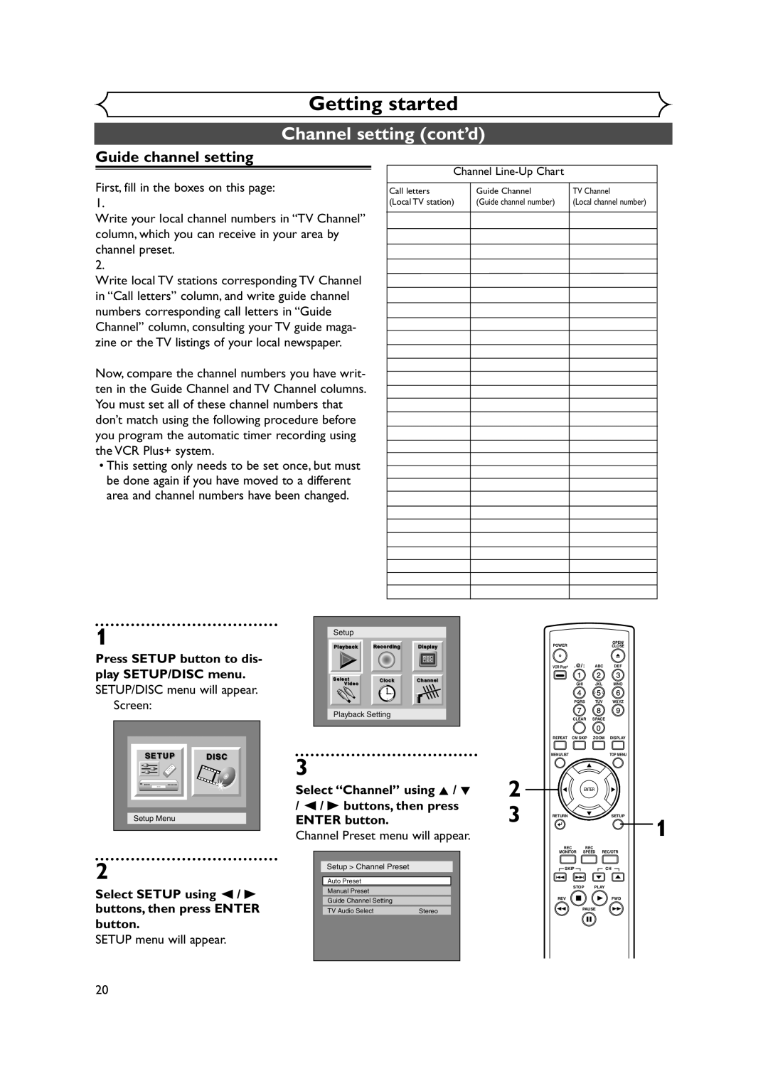 FUNAI FDR-90E owner manual Guide channel setting, SETUP/DISC menu will appear Screen 