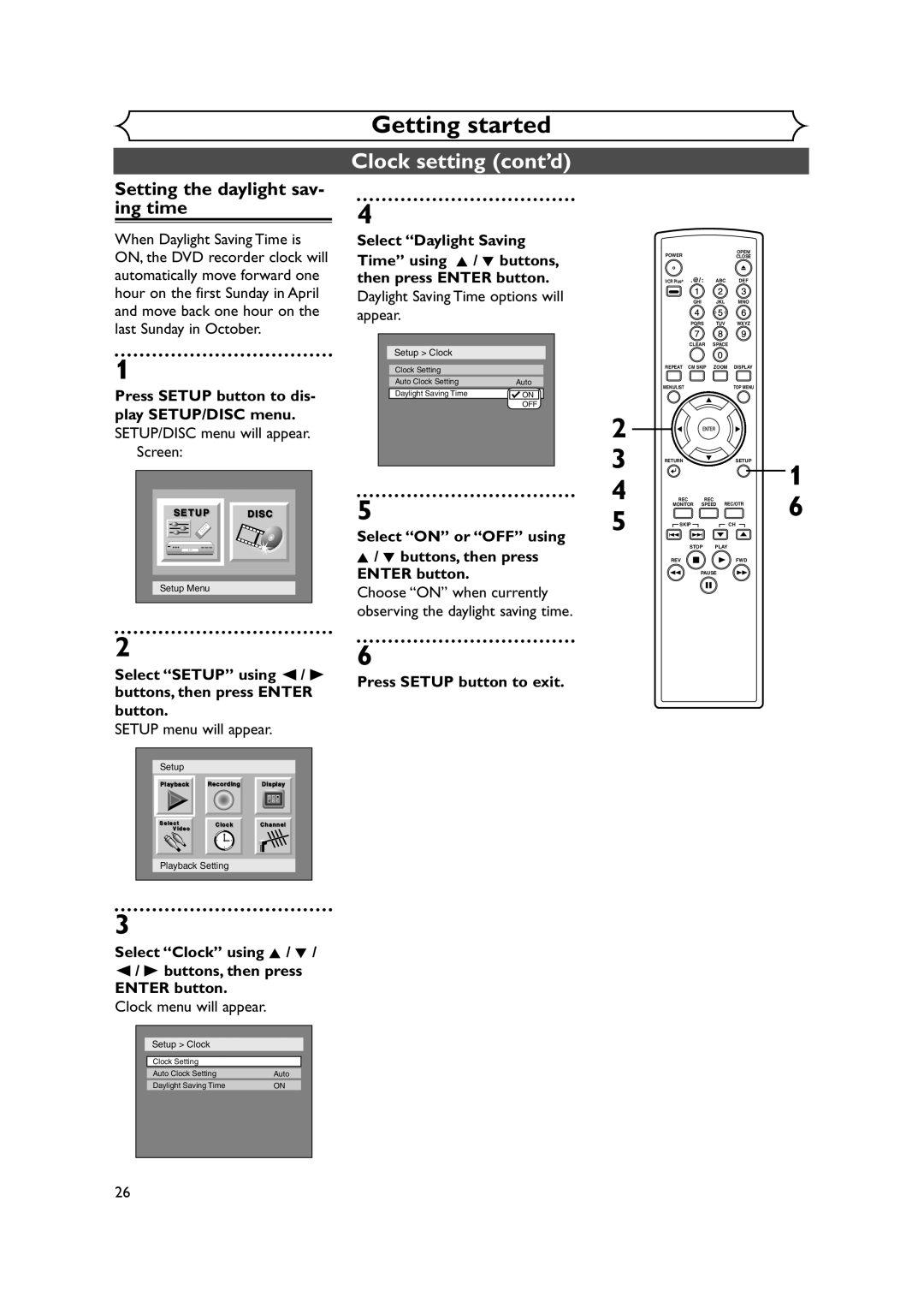 FUNAI FDR-90E owner manual Setting the daylight sav- ing time, Daylight Saving Time options will appear 