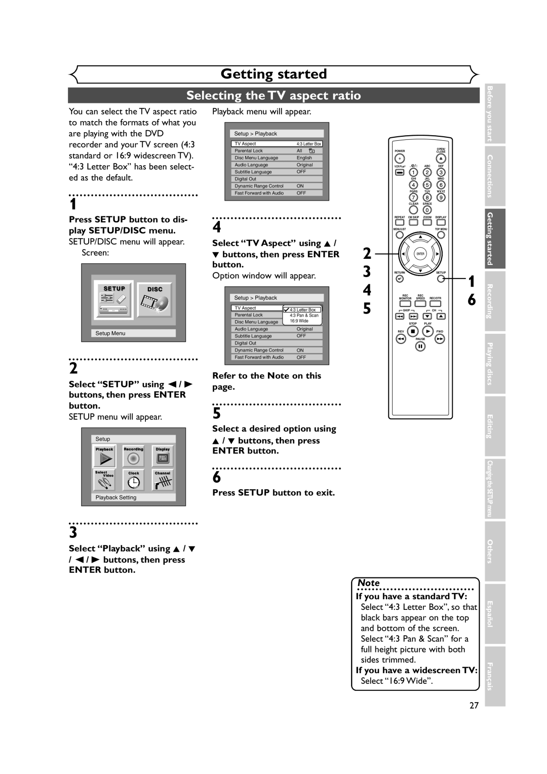 FUNAI FDR-90E Selecting the TV aspect ratio, Playback menu will appear, Select TV Aspect using K Buttons, then press Enter 