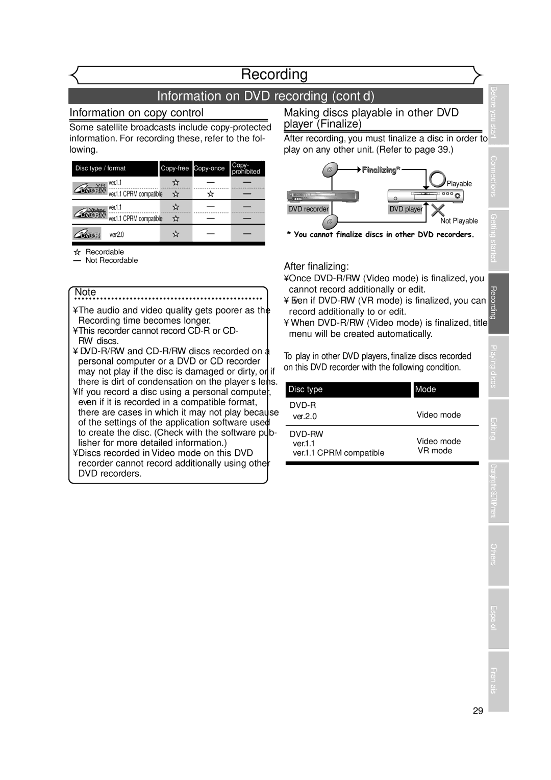 FUNAI FDR-90E owner manual Information on DVD recording cont’d, Information on copy control 