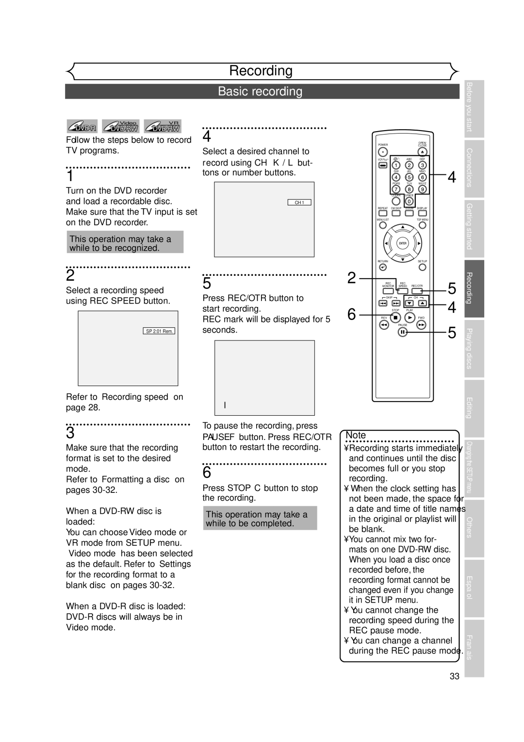 FUNAI FDR-90E owner manual Basic recording 