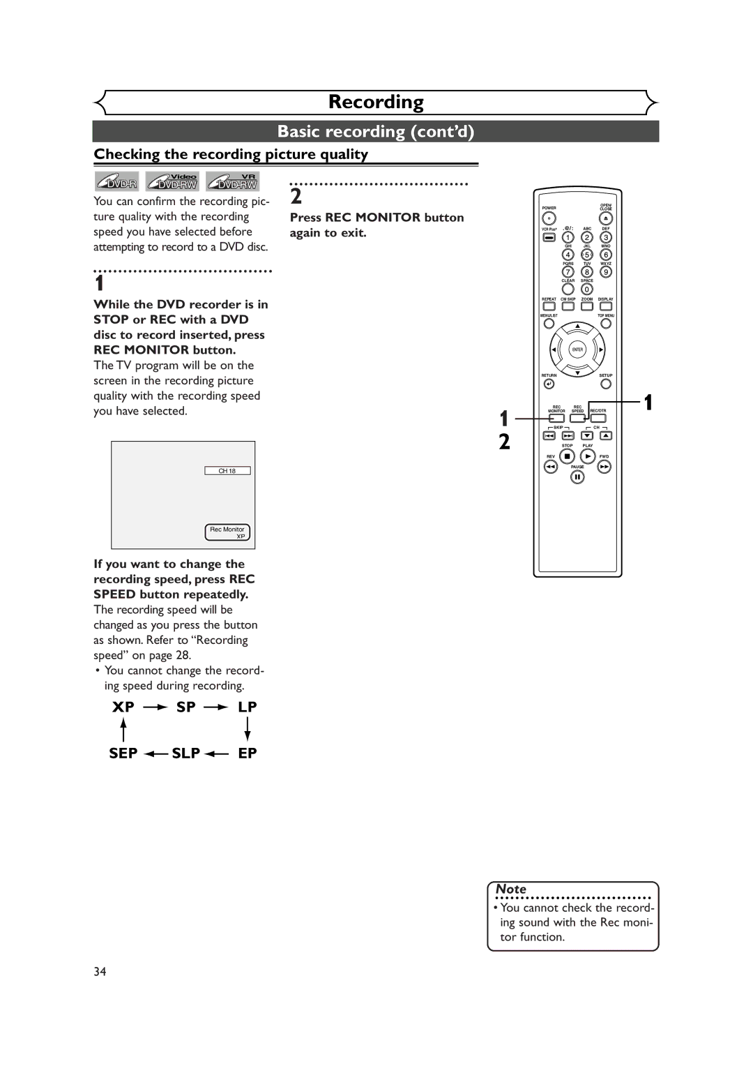 FUNAI FDR-90E owner manual Recording, Xp Sp Lp 