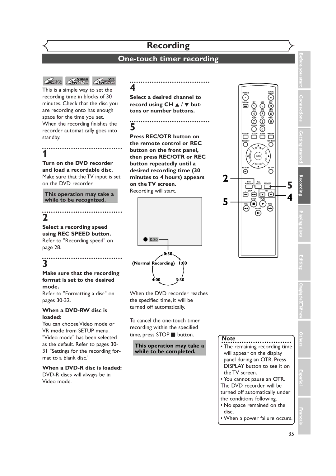 FUNAI FDR-90E owner manual One-touch timer recording, Recording will start, TV screen, Disc, When a power failure occurs 