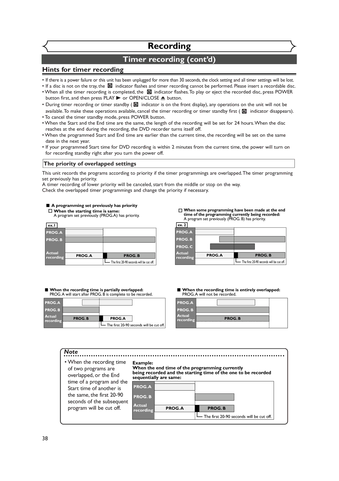 FUNAI FDR-90E owner manual Hints for timer recording, Priority of overlapped settings 