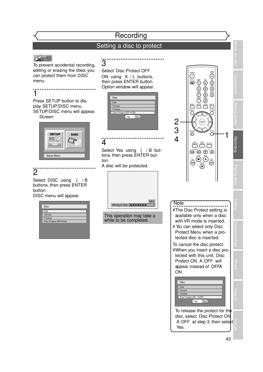 FUNAI FDR-90E owner manual Setting a disc to protect 