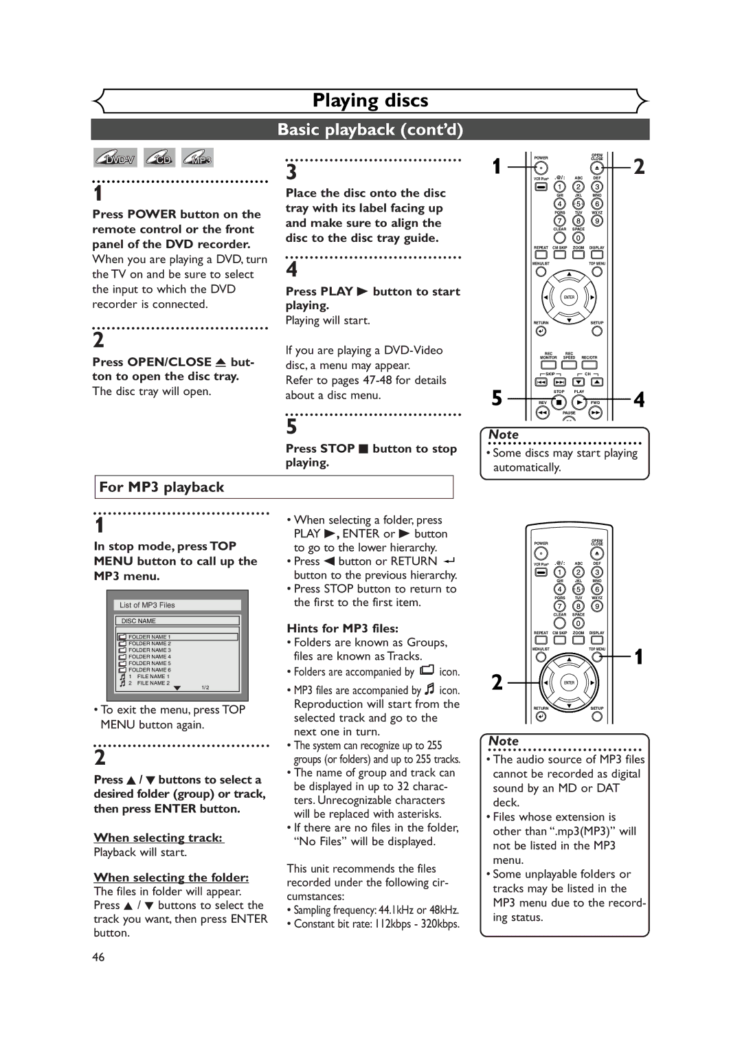 FUNAI FDR-90E owner manual Basic playback cont’d, For MP3 playback 