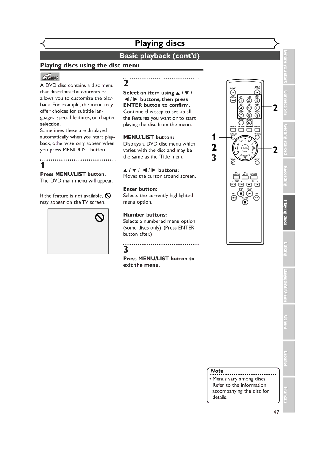 FUNAI FDR-90E Playing discs using the disc menu, Select an item using K / L Buttons, then press, Press MENU/LIST button 