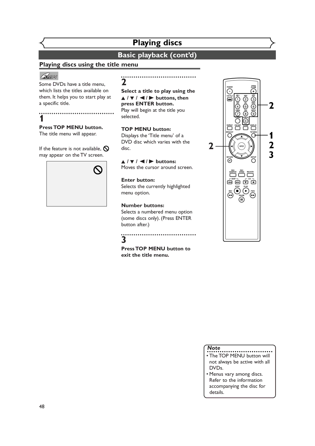 FUNAI FDR-90E owner manual Playing discs using the title menu, Press TOP Menu button to exit the title menu 