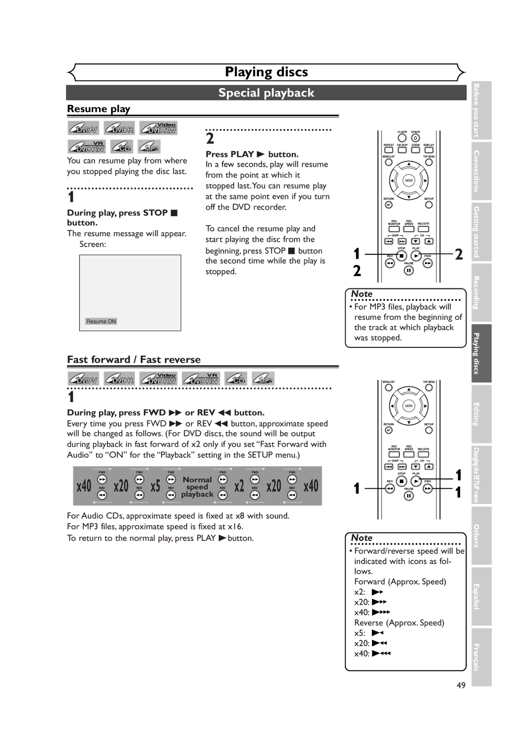 FUNAI FDR-90E owner manual Special playback, Resume play, Fast forward / Fast reverse 