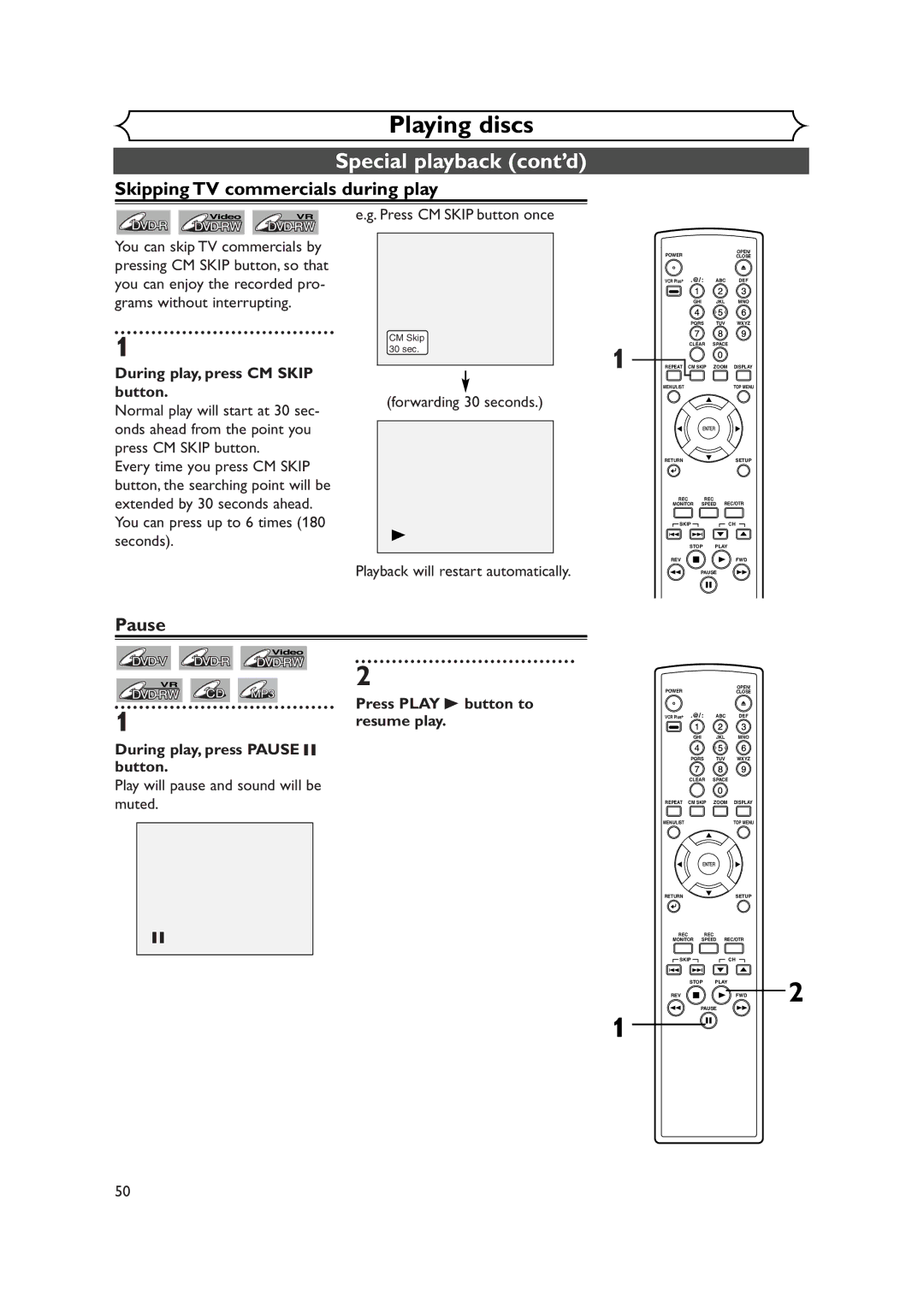 FUNAI FDR-90E owner manual Special playback cont’d, Skipping TV commercials during play, Pause 