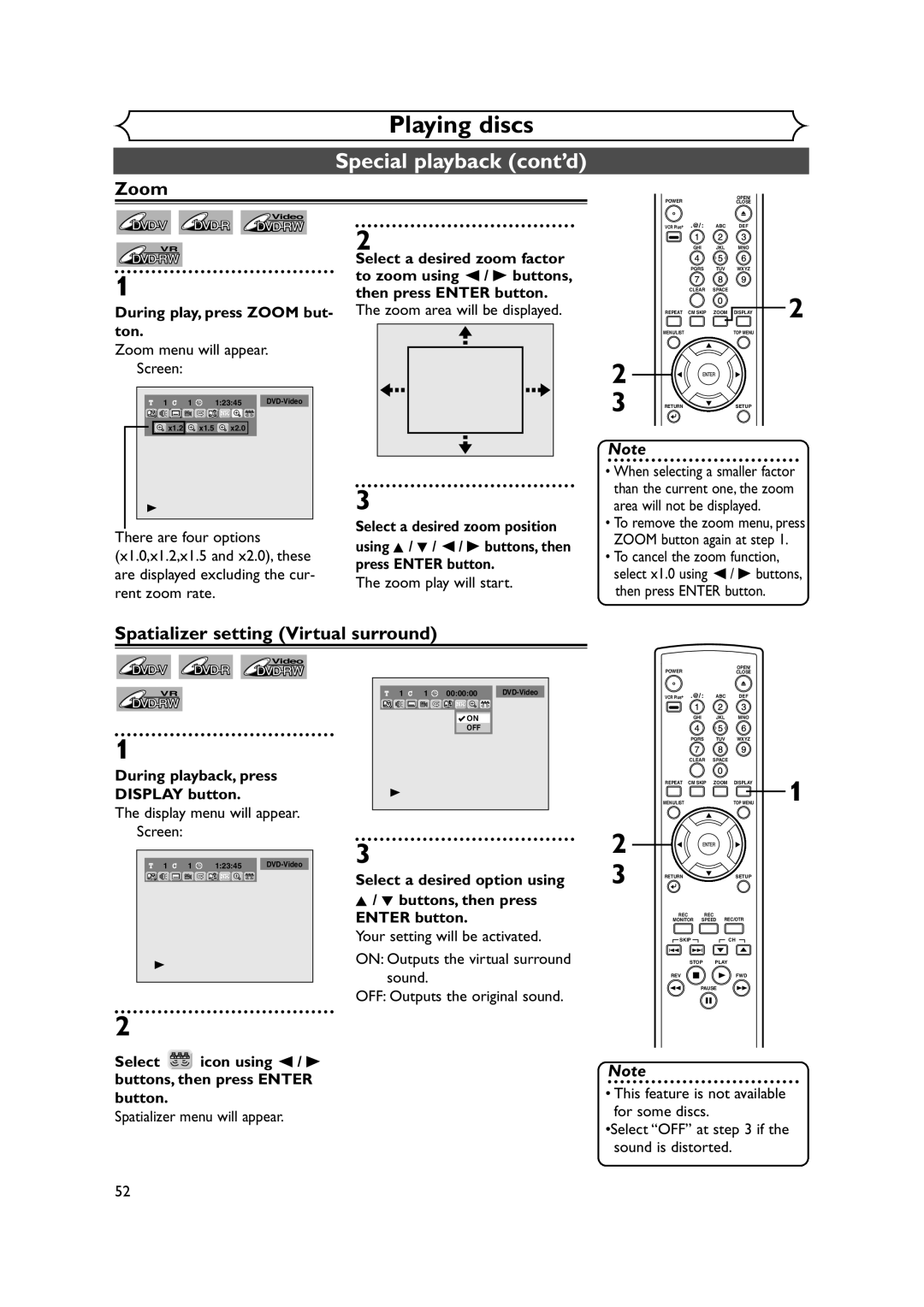 FUNAI FDR-90E owner manual Spatializer setting Virtual surround, During play, press Zoom but- ton 