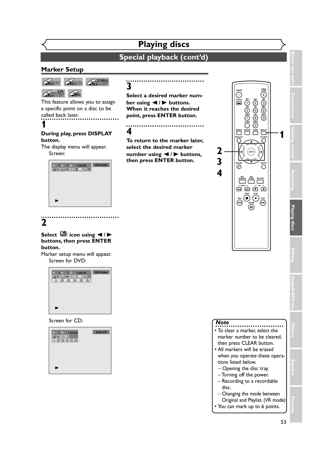 FUNAI FDR-90E owner manual During play, press Display button, Marker setup menu will appear. Screen for DVD, Screen for CD 