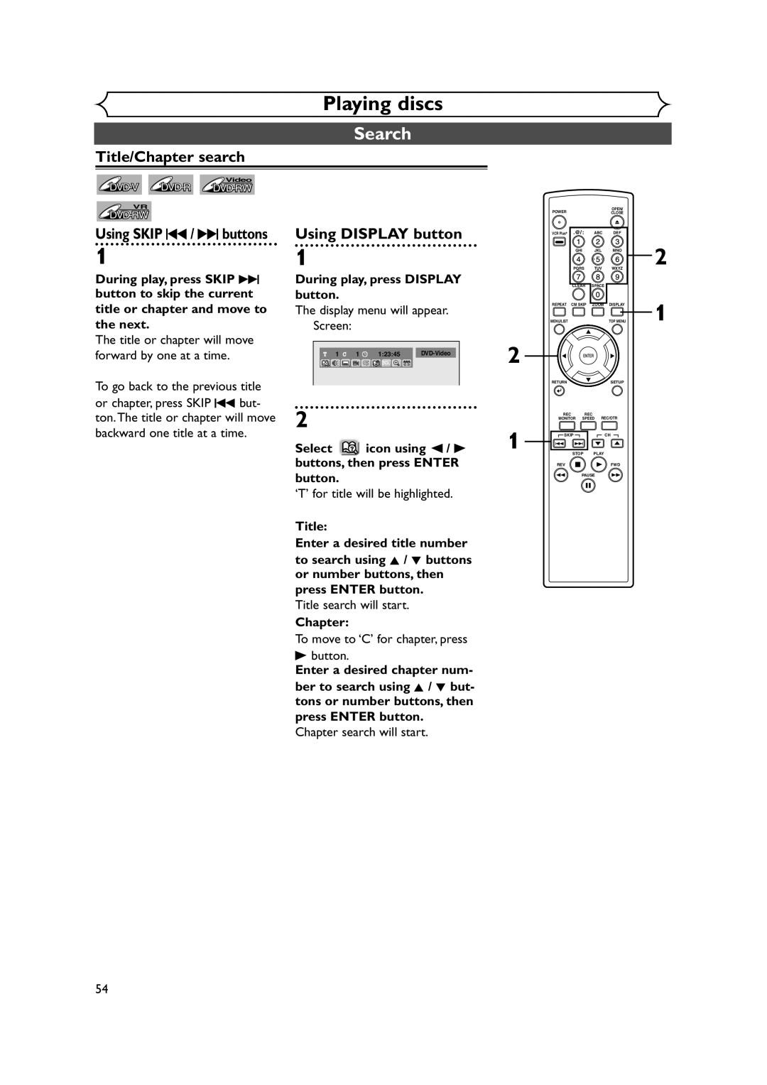 FUNAI FDR-90E owner manual Search, Title/Chapter search, Using Skip H / G buttons, Using Display button 