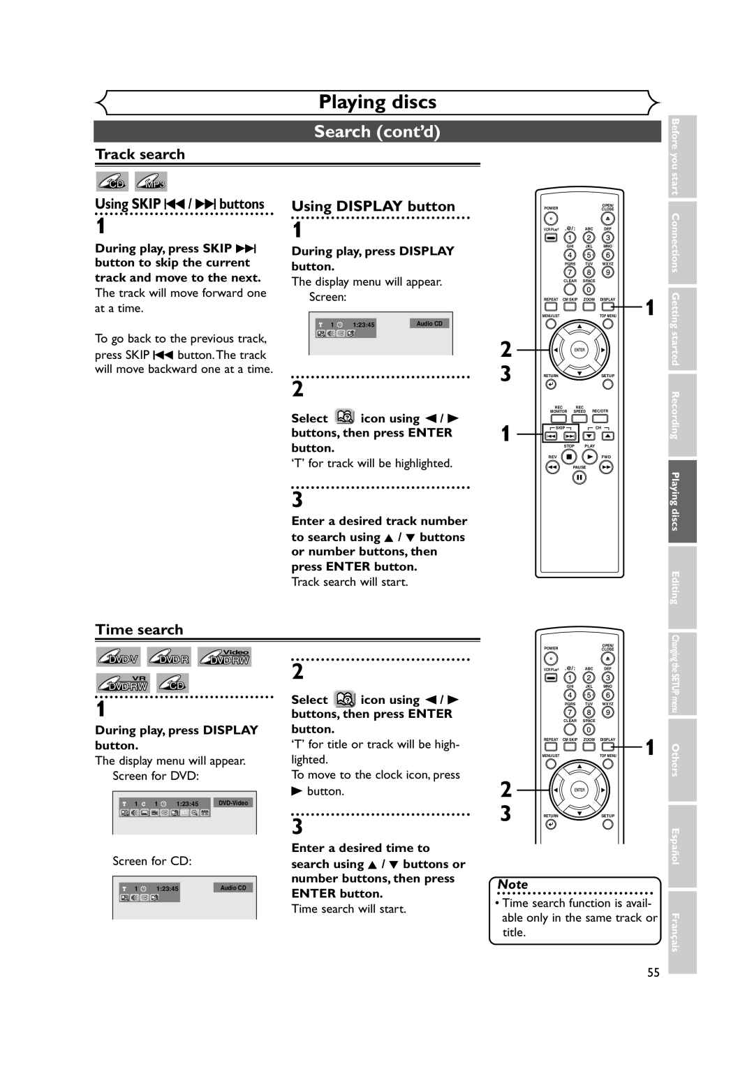 FUNAI FDR-90E owner manual Search cont’d, Track search, Time search, Select icon using / B buttons, then press Enter, Title 