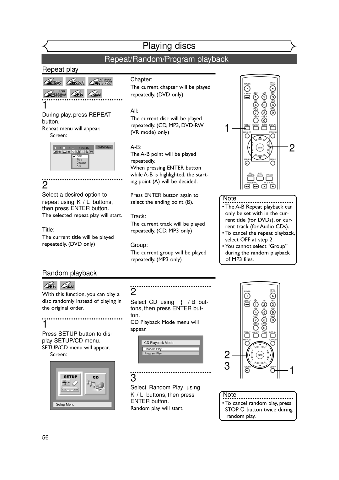 FUNAI FDR-90E owner manual Repeat/Random/Program playback, Repeat play, Random playback 