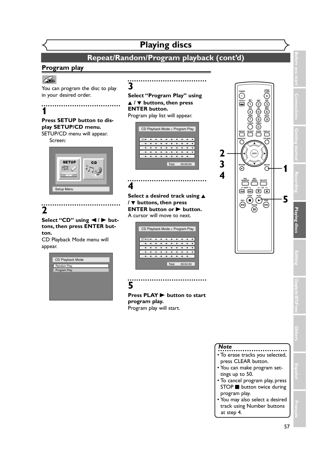 FUNAI FDR-90E Repeat/Random/Program playback cont’d, Select Program Play using Buttons, then press Enter button 