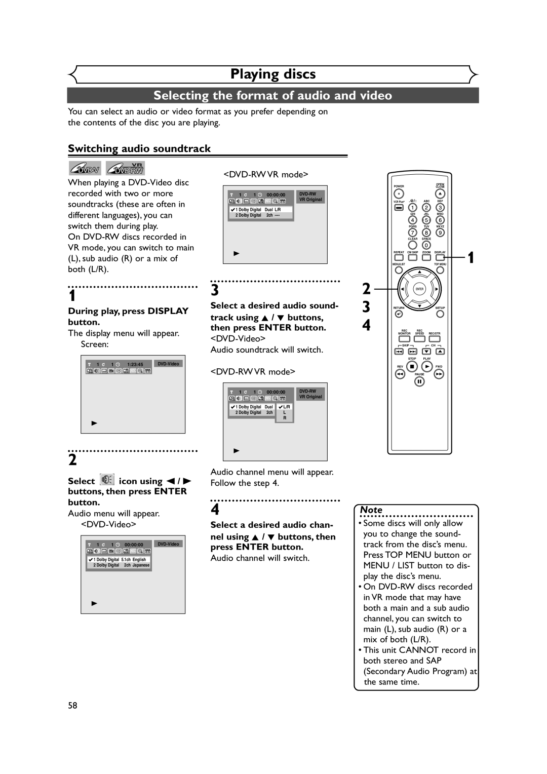 FUNAI FDR-90E owner manual Selecting the format of audio and video, Switching audio soundtrack, Audio channel will switch 