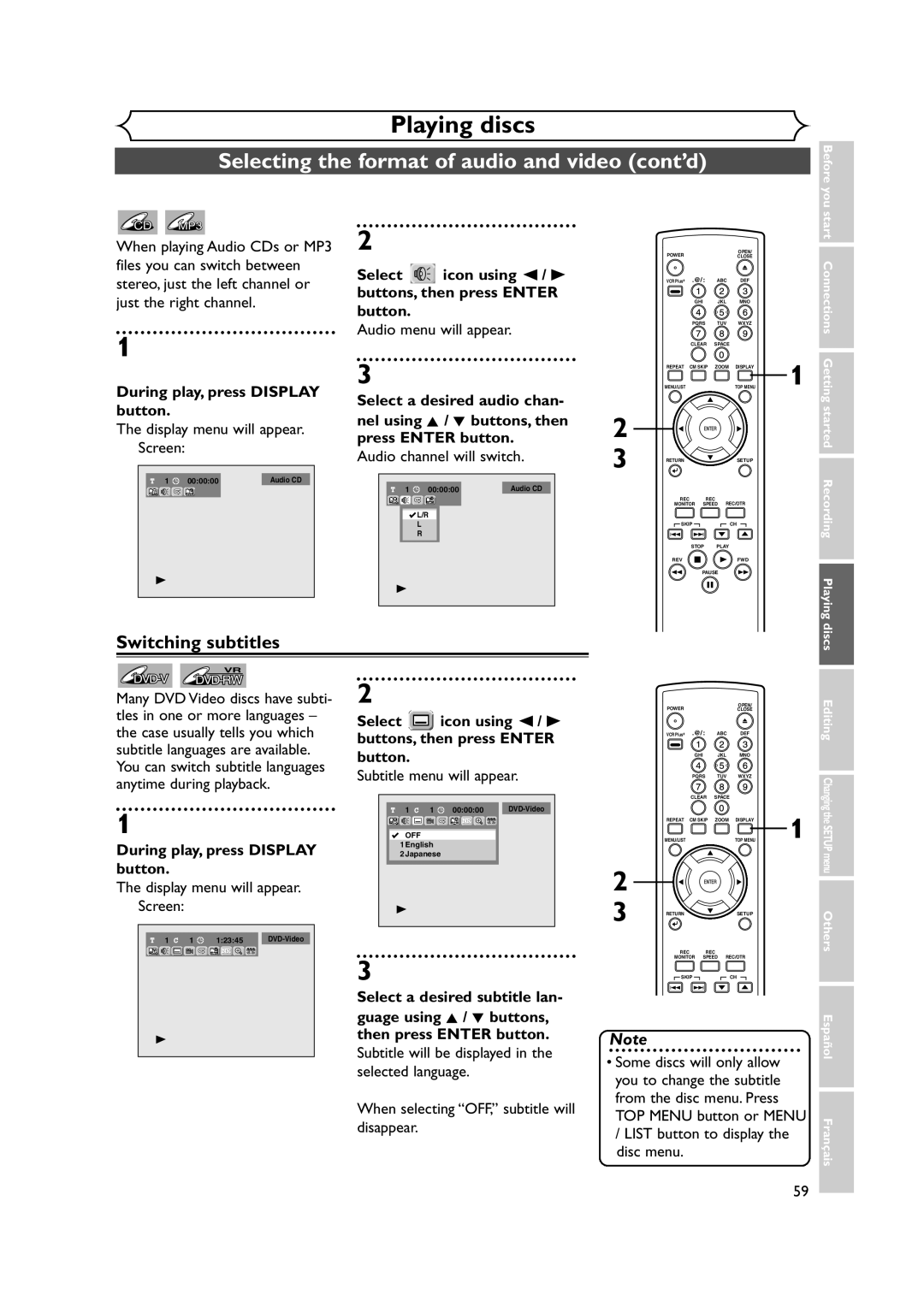 FUNAI FDR-90E owner manual Selecting the format of audio and video cont’d, Switching subtitles, Some discs will only allow 