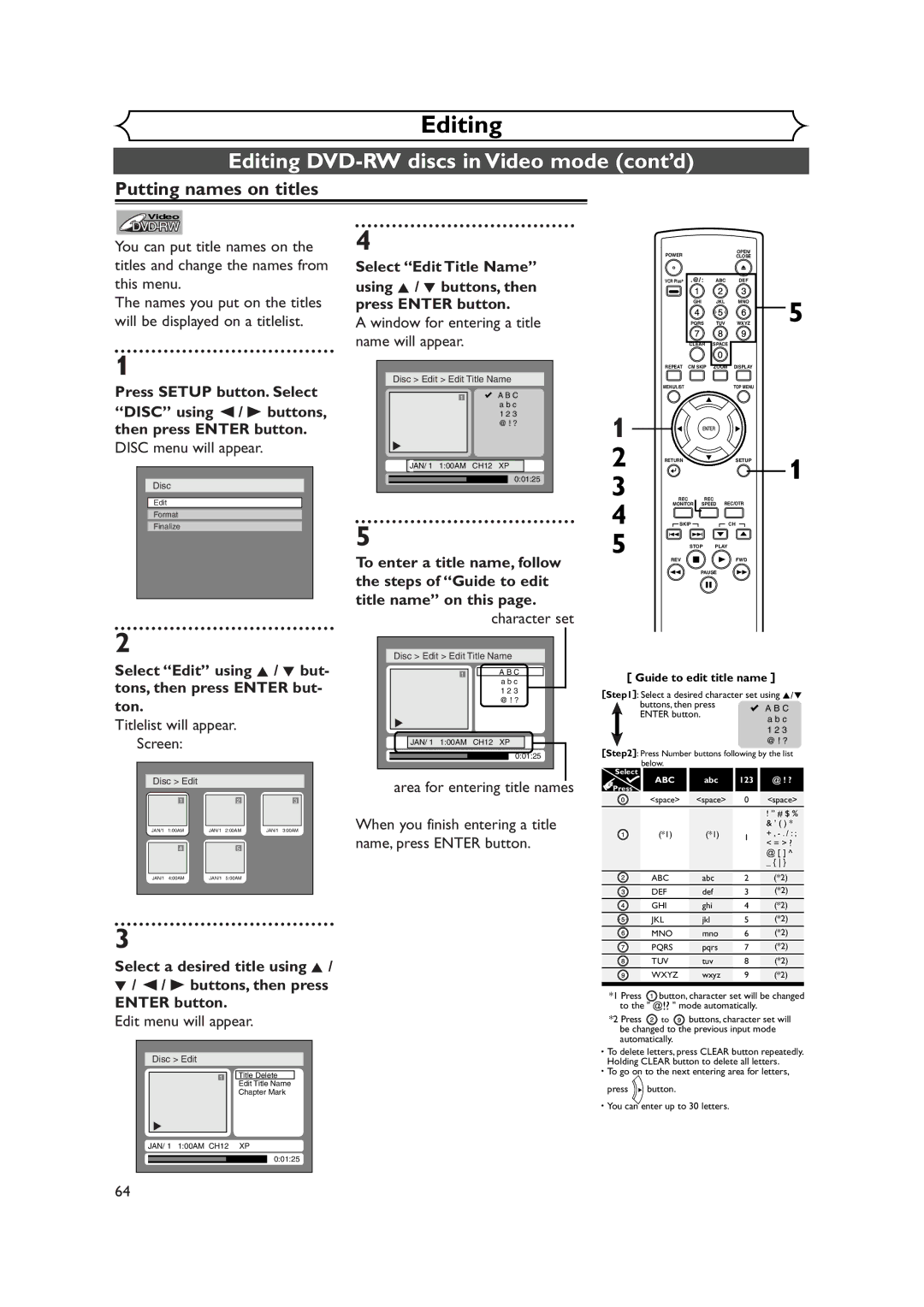 FUNAI FDR-90E owner manual Editing DVD-RW discs in Video mode cont’d, Putting names on titles, Character set 