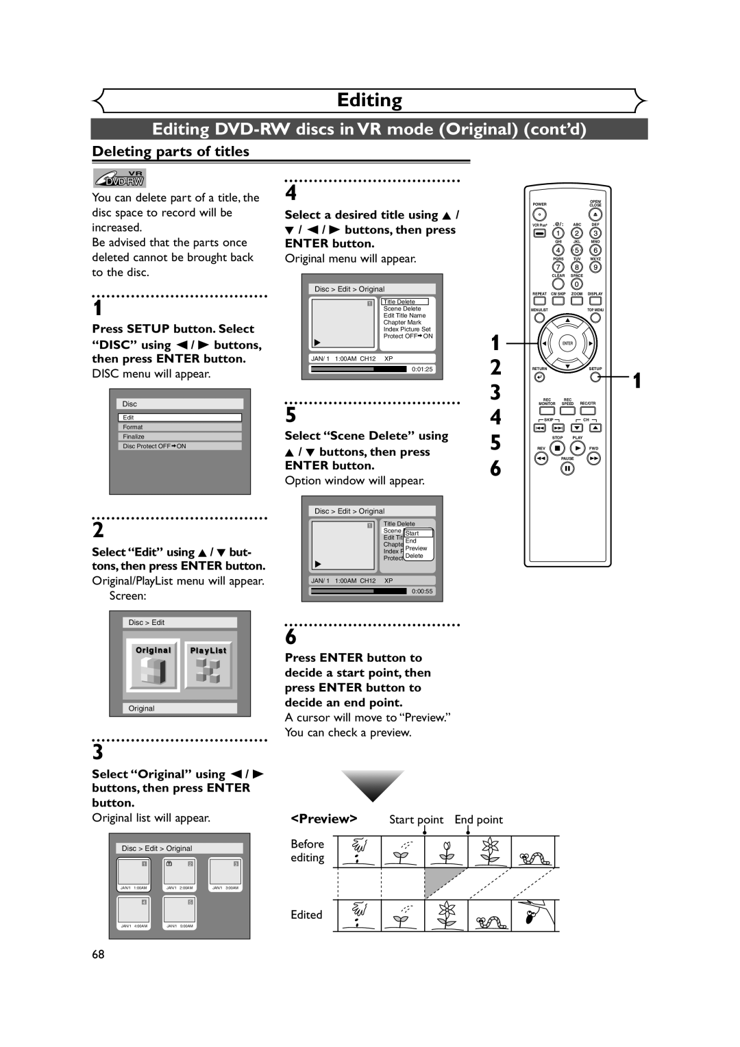 FUNAI FDR-90E owner manual Editing DVD-RW discs in VR mode Original cont’d, Deleting parts of titles 