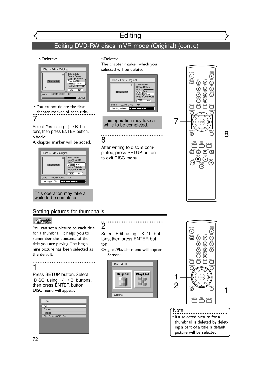 FUNAI FDR-90E owner manual Setting pictures for thumbnails, Delete Chapter marker which you selected will be deleted 