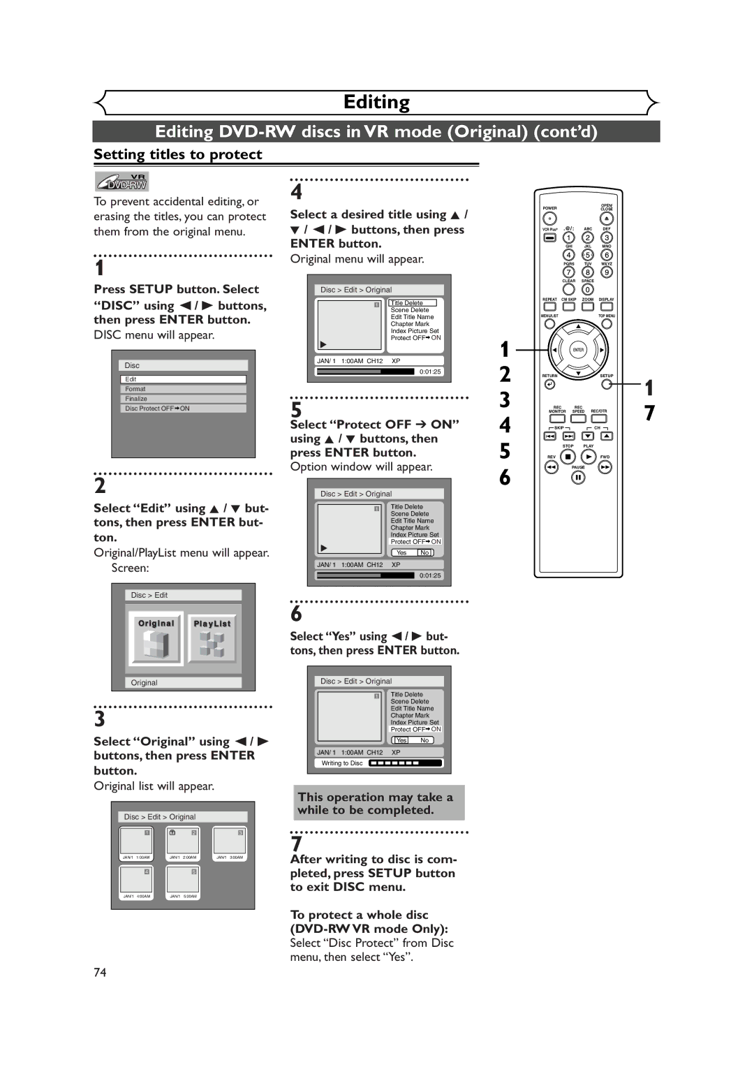 FUNAI FDR-90E owner manual Setting titles to protect, To prevent accidental editing, or 