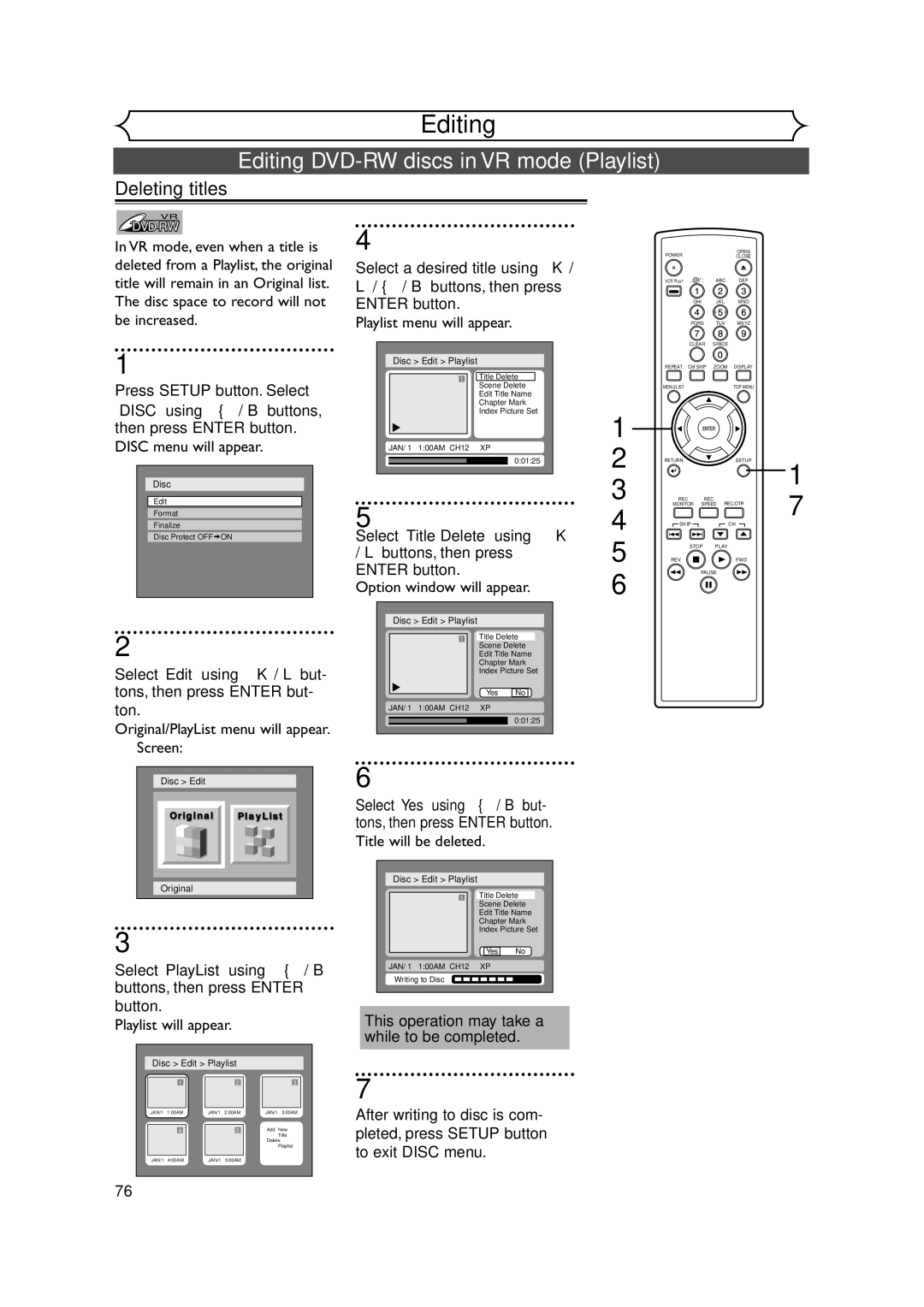 FUNAI FDR-90E Editing DVD-RW discs in VR mode Playlist, Select PlayList using / B buttons, then press Enter button 