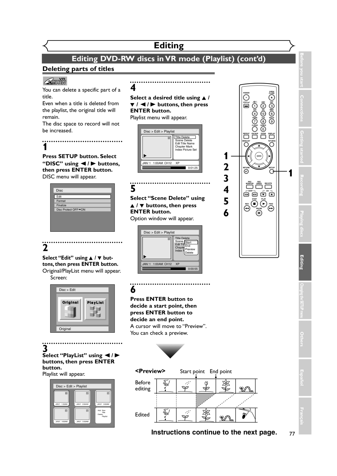 FUNAI FDR-90E owner manual Editing DVD-RW discs in VR mode Playlist cont’d, Playlist menu will appear 