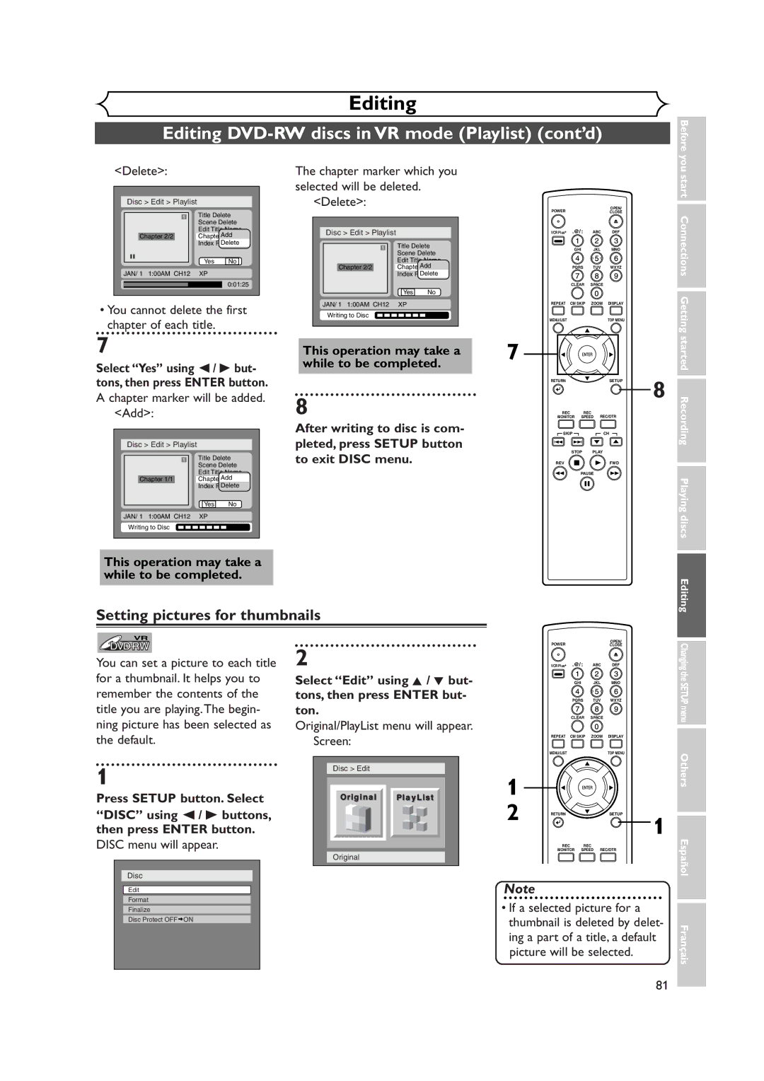 FUNAI FDR-90E owner manual Delete, Chapter marker will be added. Add 